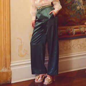 Lulus Sleek Statement Emerald Green Satin High Rise Wide-leg Trousers - Size M